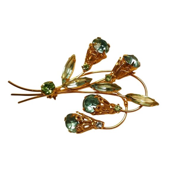 Vintage Gold Tone Floral Brooch Aqua Rhinestones & Enamel Detailing - Picture 2 of 7